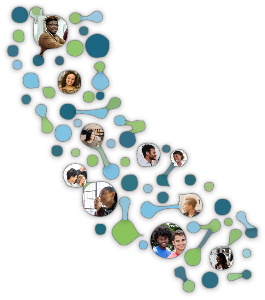 illustration of california map with connected dots as networks and some dots having youth images in them