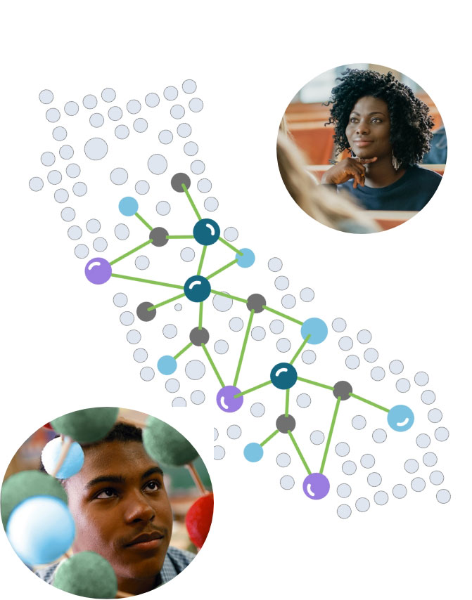 illustration of california map with connected dots as networks and some dots having youth images in them